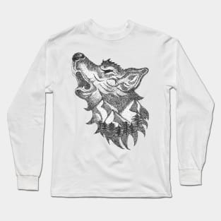 The crying wolf, mountains and wilderness - black ink in stipple technique Long Sleeve T-Shirt